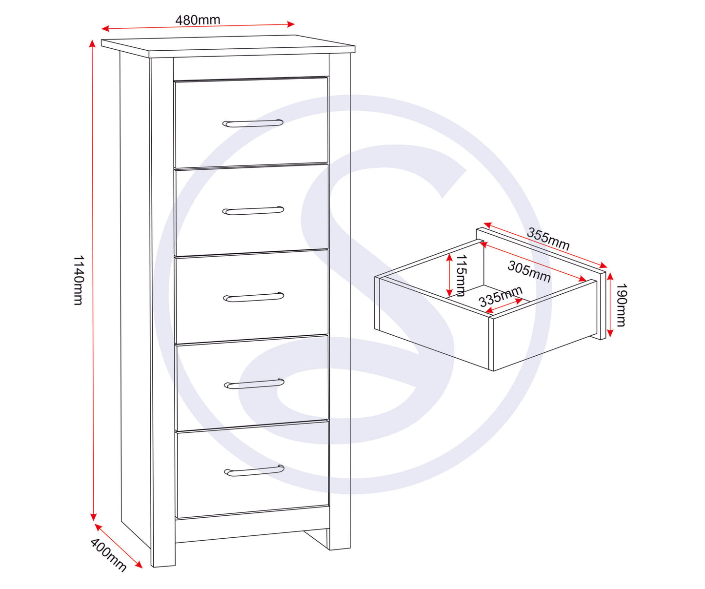 Portland 5 Drawer Narrow Chest - White/Oak Effect