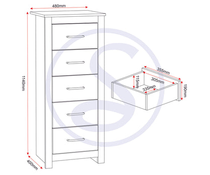 Portland 5 Drawer Narrow Chest - White/Oak Effect