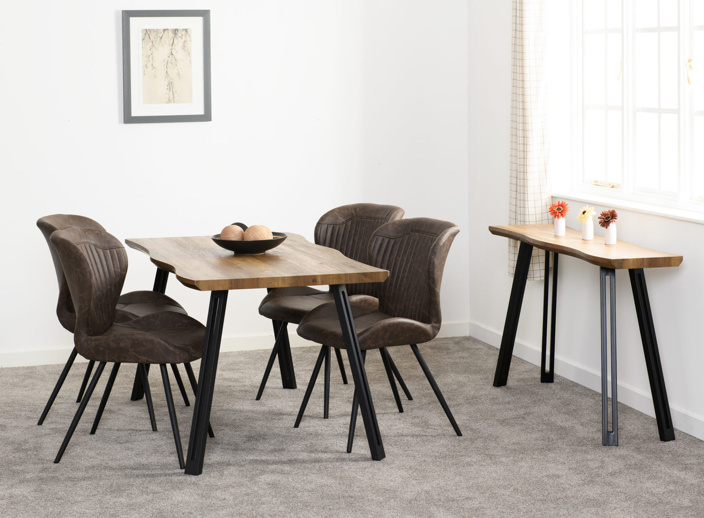 Quebec Wave Edge Dining Set (X4 Chairs) - Medium Oak Effect/Brown Pu
