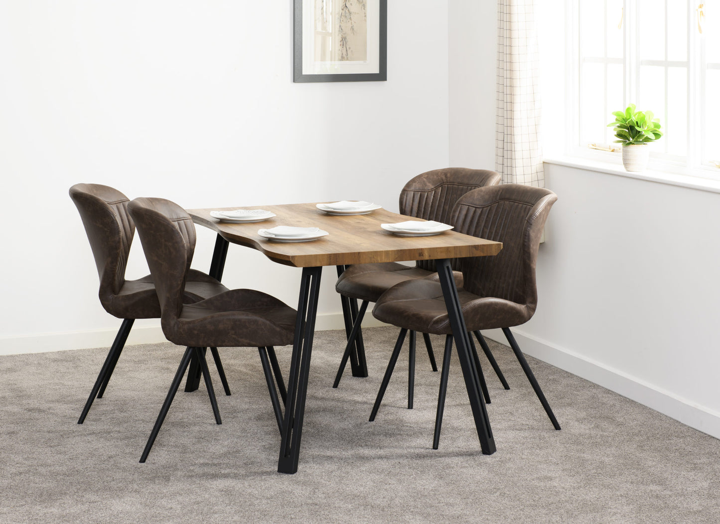 Quebec Wave Edge Dining Set (X4 Chairs) - Medium Oak Effect/Brown Pu
