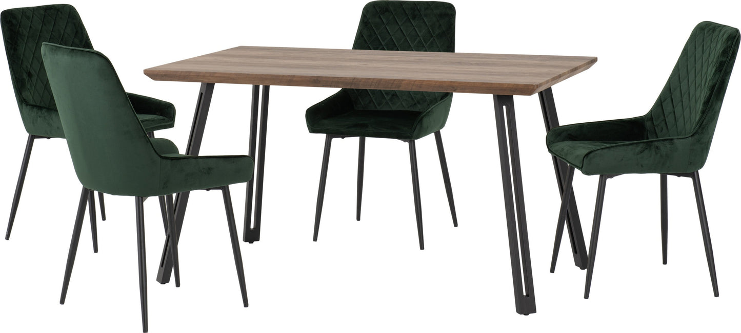 Quebec Straight & Avery Dining Set (X4 Chairs) - Medium Oak Effect/Emerald Green Velvet