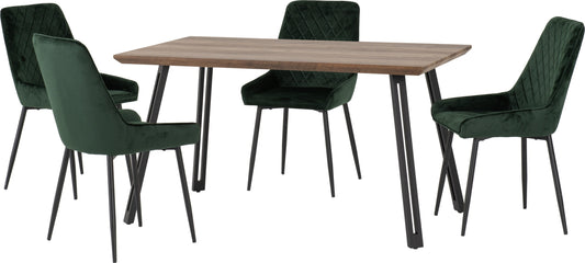 Quebec Straight & Avery Dining Set (X4 Chairs) - Medium Oak Effect/Emerald Green Velvet