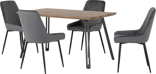 Quebec Straight & Avery Dining Set (X4 Chairs) - Medium Oak Effect/Grey Velvet