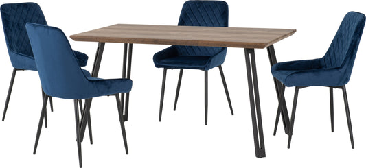 Quebec Straight & Avery Dining Set (X4 Chairs) - Medium Oak Effect/Sapphire Blue Velvet