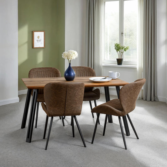 Quebec Straight Edge Dining Set (X4 Chairs) - Medium Oak Effect/Brown Pu