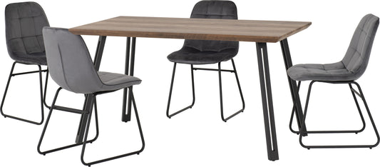 Quebec Straight & Lukas Dining Set (X4 Chairs) - Medium Oak Effect/Grey Velvet
