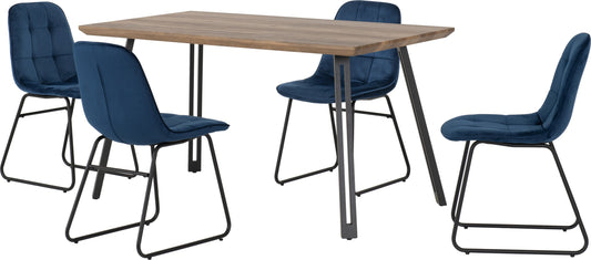 Quebec Straight & Lukas Dining Set (X4 Chairs) - Medium Oak Effect/Sapphire Blue Velvet