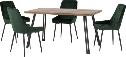 Quebec Wave & Avery Dining Set (X4 Chairs) - Medium Oak Effect/Emerald Green Velvet