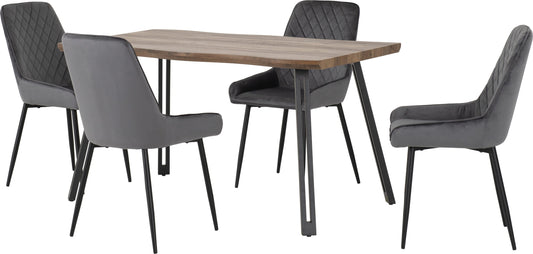 Quebec Wave & Avery Dining Set (X4 Chairs) - Medium Oak Effect/Grey Velvet