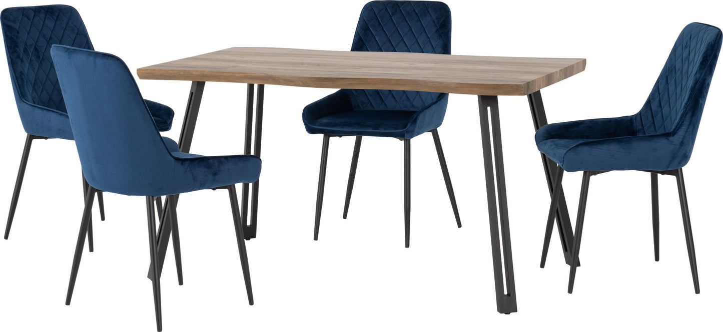 Quebec Wave & Avery Dining Set (X4 Chairs) - Medium Oak Effect/Sapphire Blue Velvet
