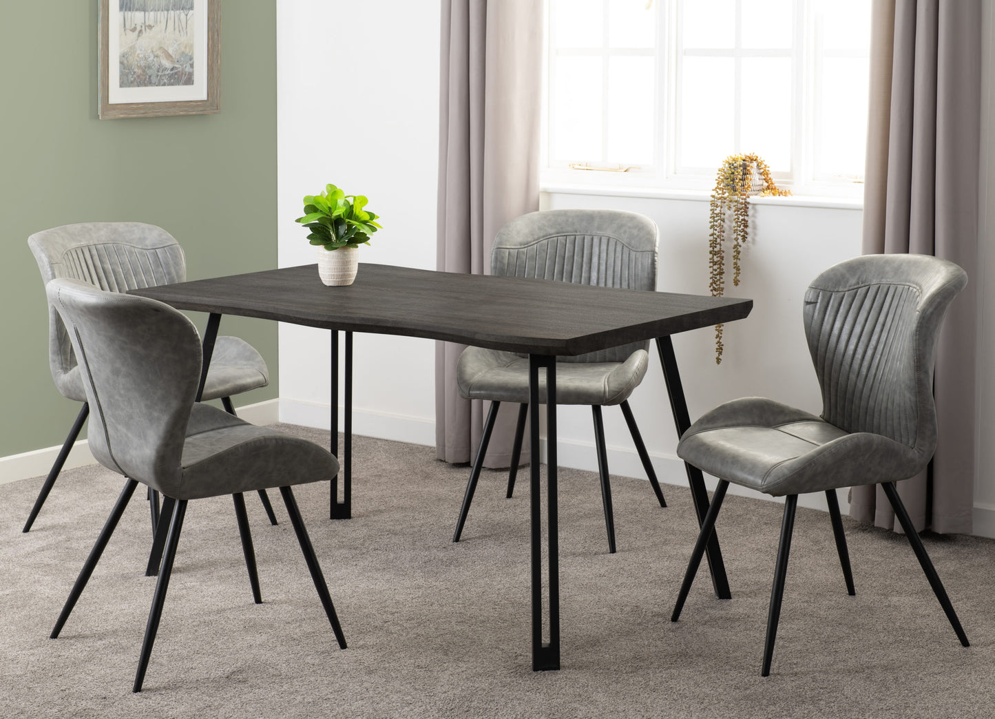 Quebec Wave Edge Dining Set (X4 Chairs) - Black Wood Grain/Grey Pu