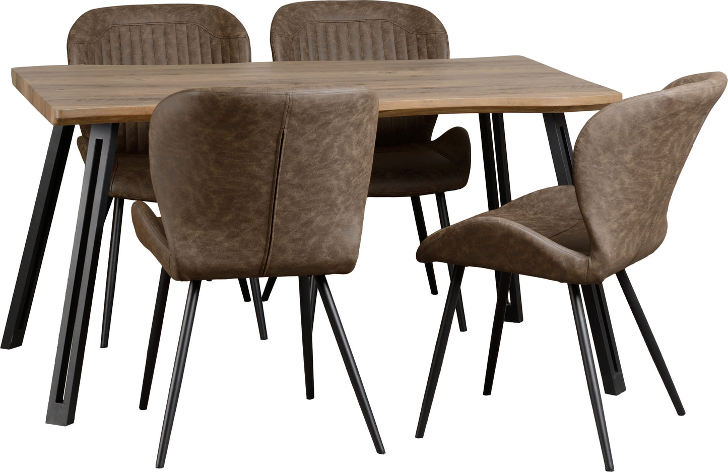 Quebec Wave Edge Dining Set (X4 Chairs) - Medium Oak Effect/Brown Pu
