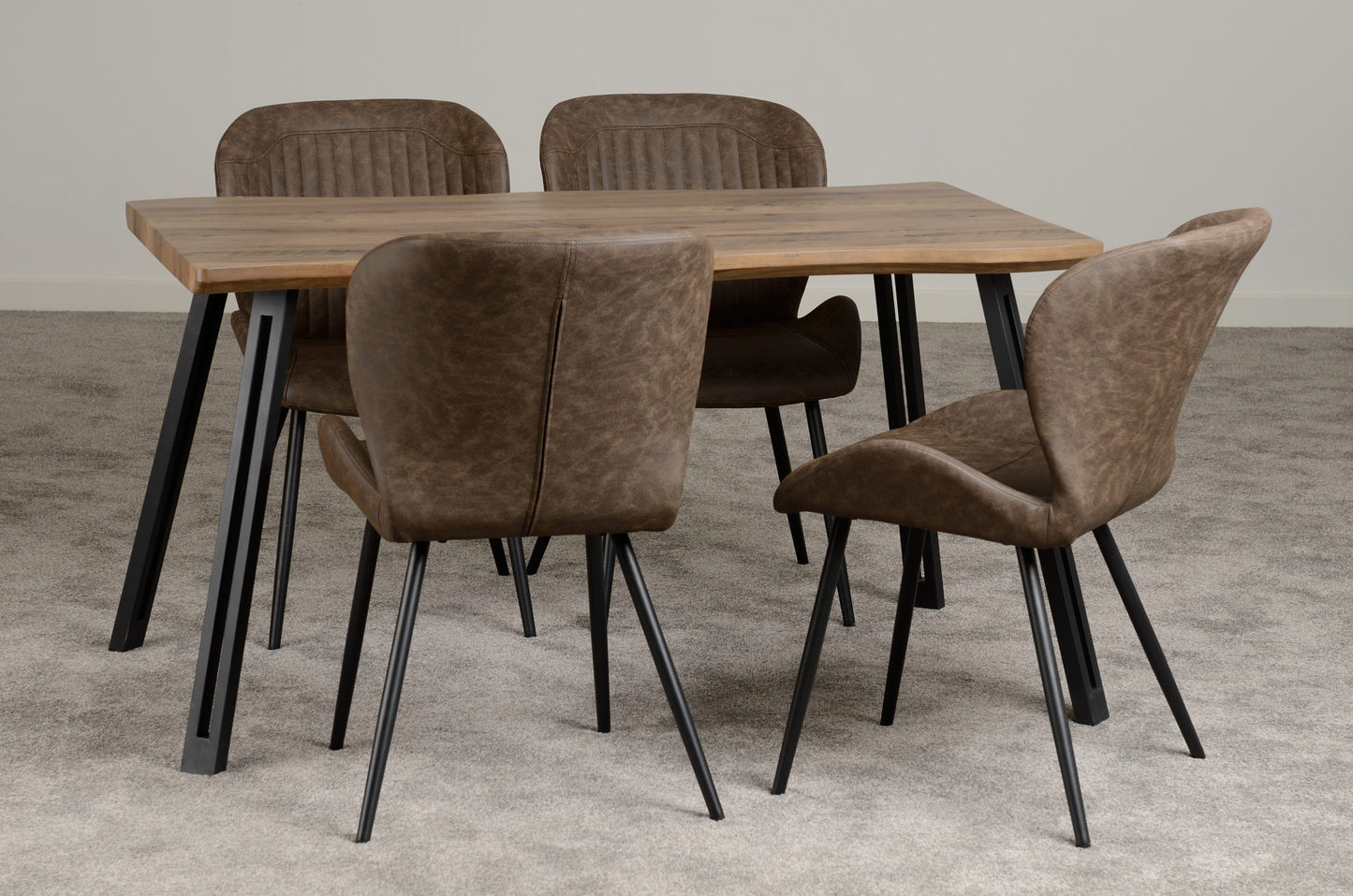 Quebec Wave Edge Dining Set (X4 Chairs) - Medium Oak Effect/Brown Pu