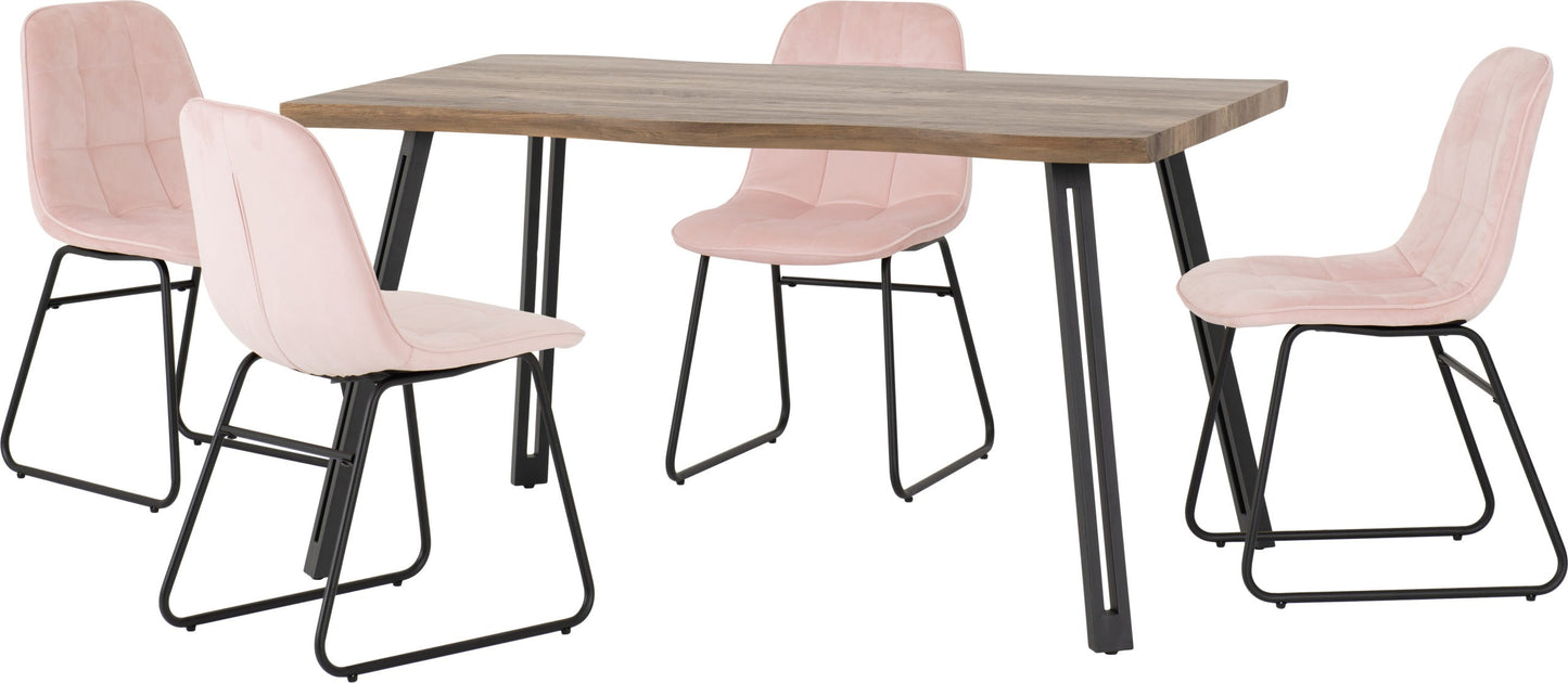 Quebec Wave & Lukas Dining Set (X4 Chairs) - Medium Oak Effect/Baby Pink Velvet