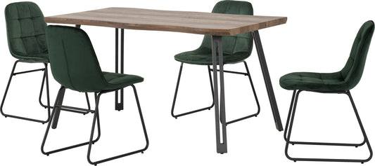 Quebec Wave & Lukas Dining Set (X4 Chairs) - Medium Oak Effect/Emerald Green Velvet