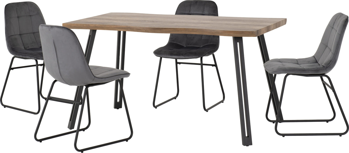 Quebec Wave & Lukas Dining Set (X4 Chairs) - Medium Oak Effect/Grey Velvet