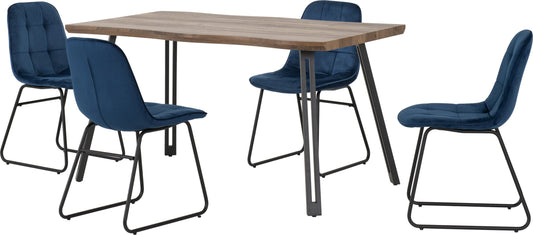 Quebec Wave & Lukas Dining Set (X4 Chairs) - Medium Oak Effect/Sapphire Blue Velvet