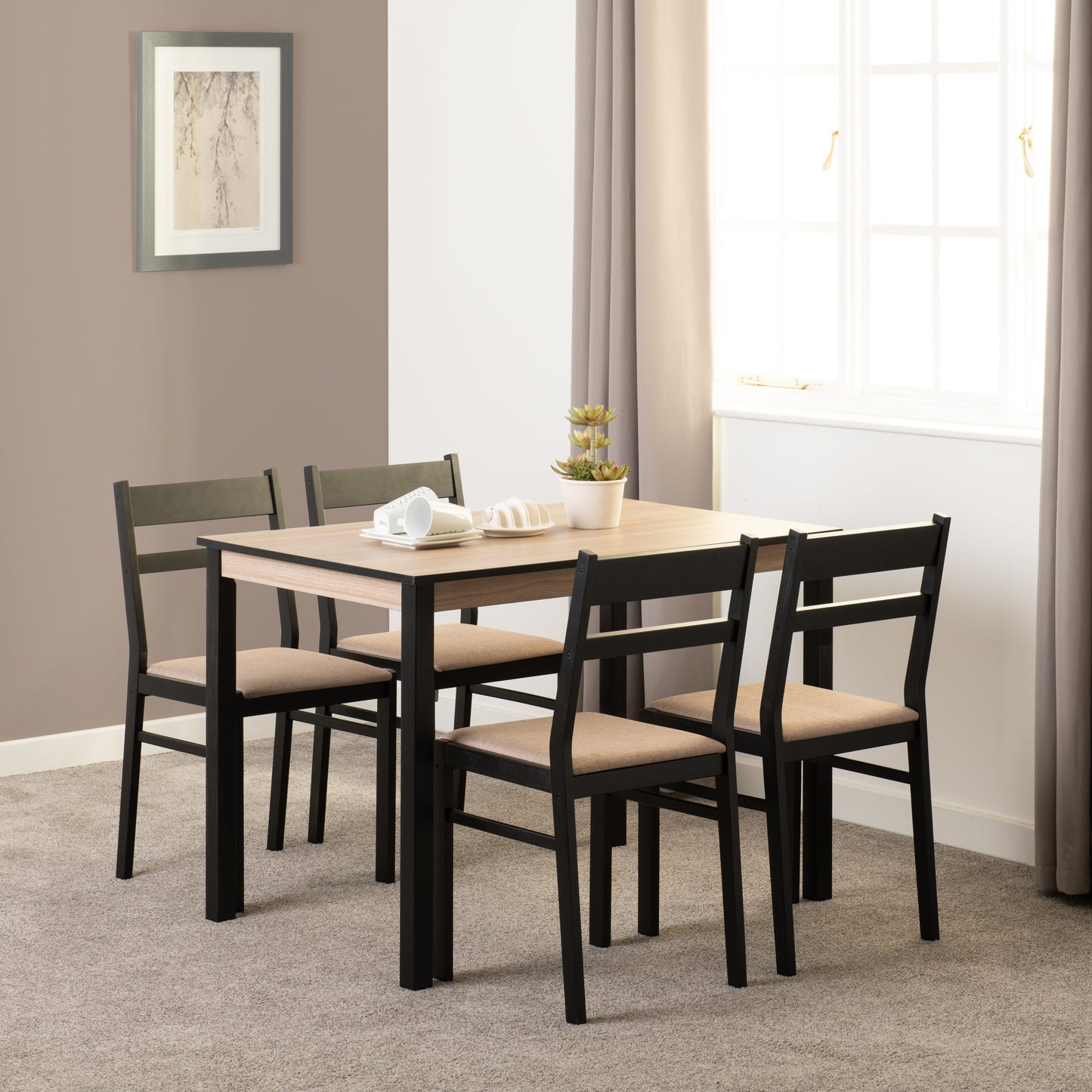 Radley 1+4 Dining Set - Black/Oak Effect/Oat Fabric