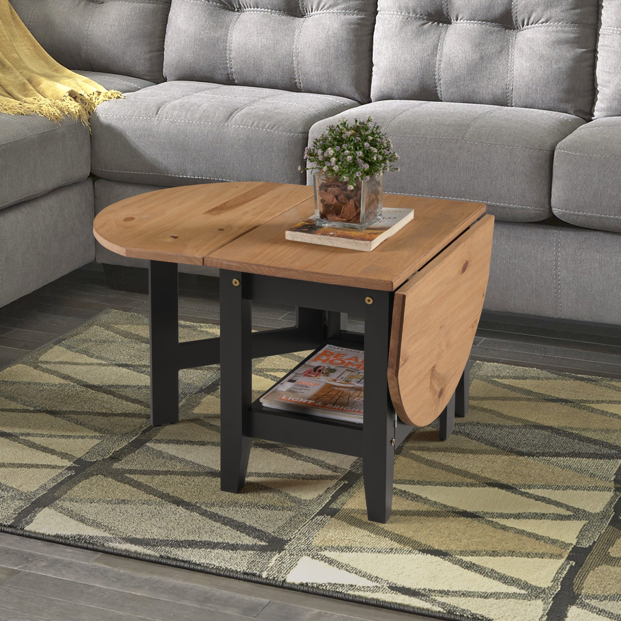 Santos Drop Leaf Coffee Table - Black/Distressed Waxed Pine