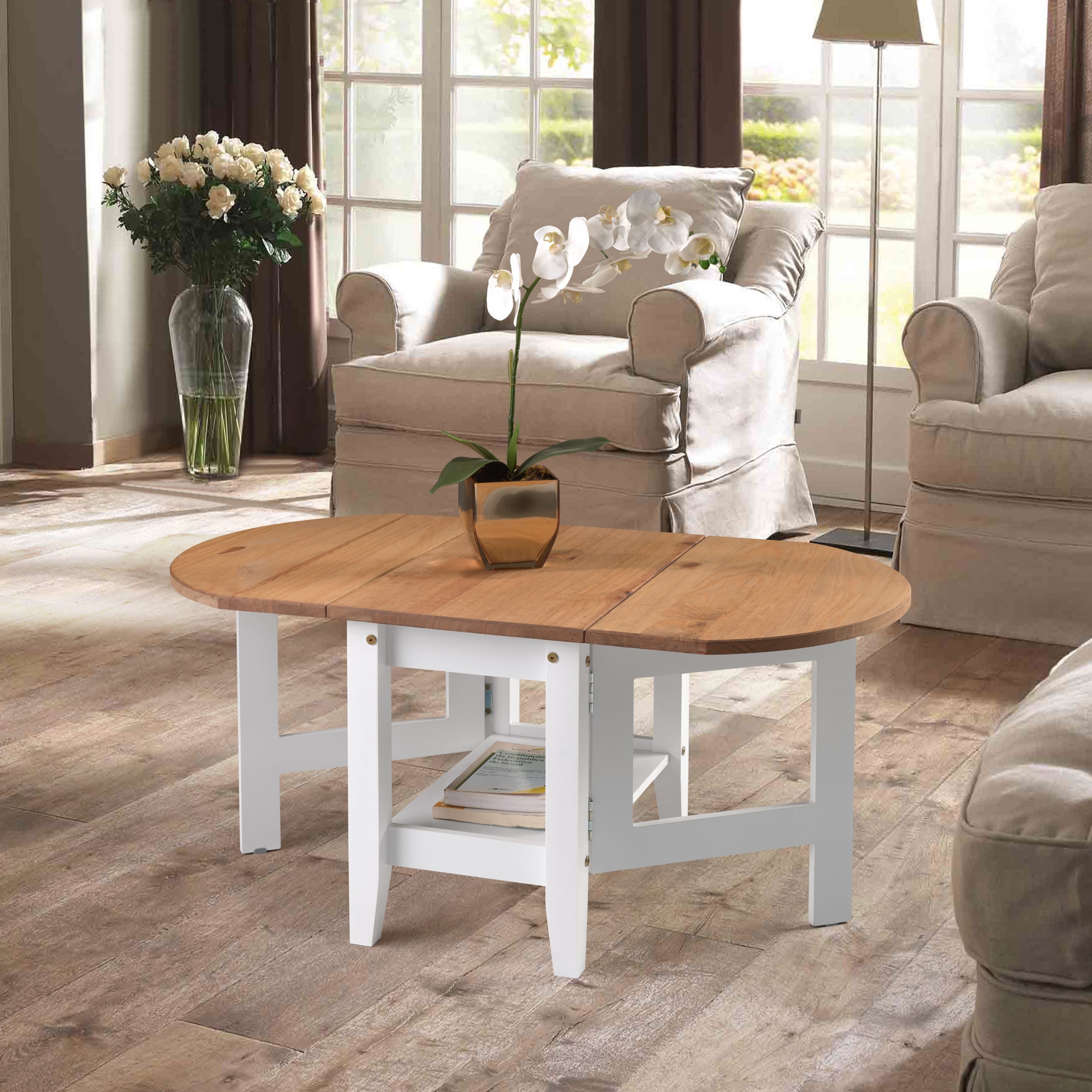 Santos Drop Leaf Coffee Table - White/Distressed Waxed Pine