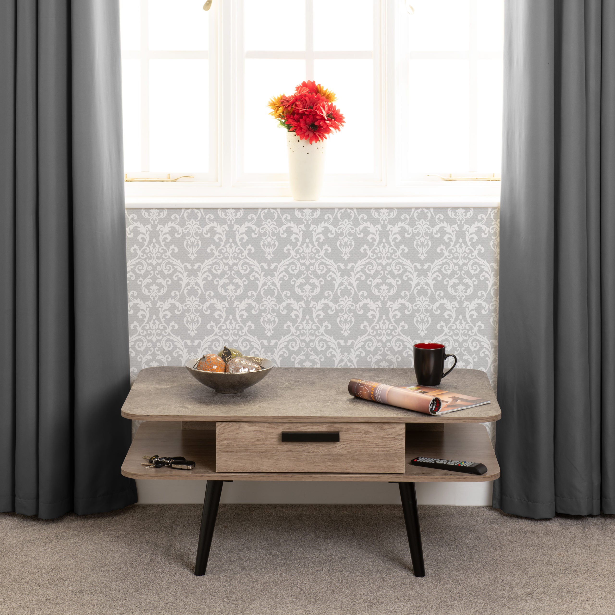 Saxton 1 Drawer Coffee Table - Mid Oak Effect/Grey