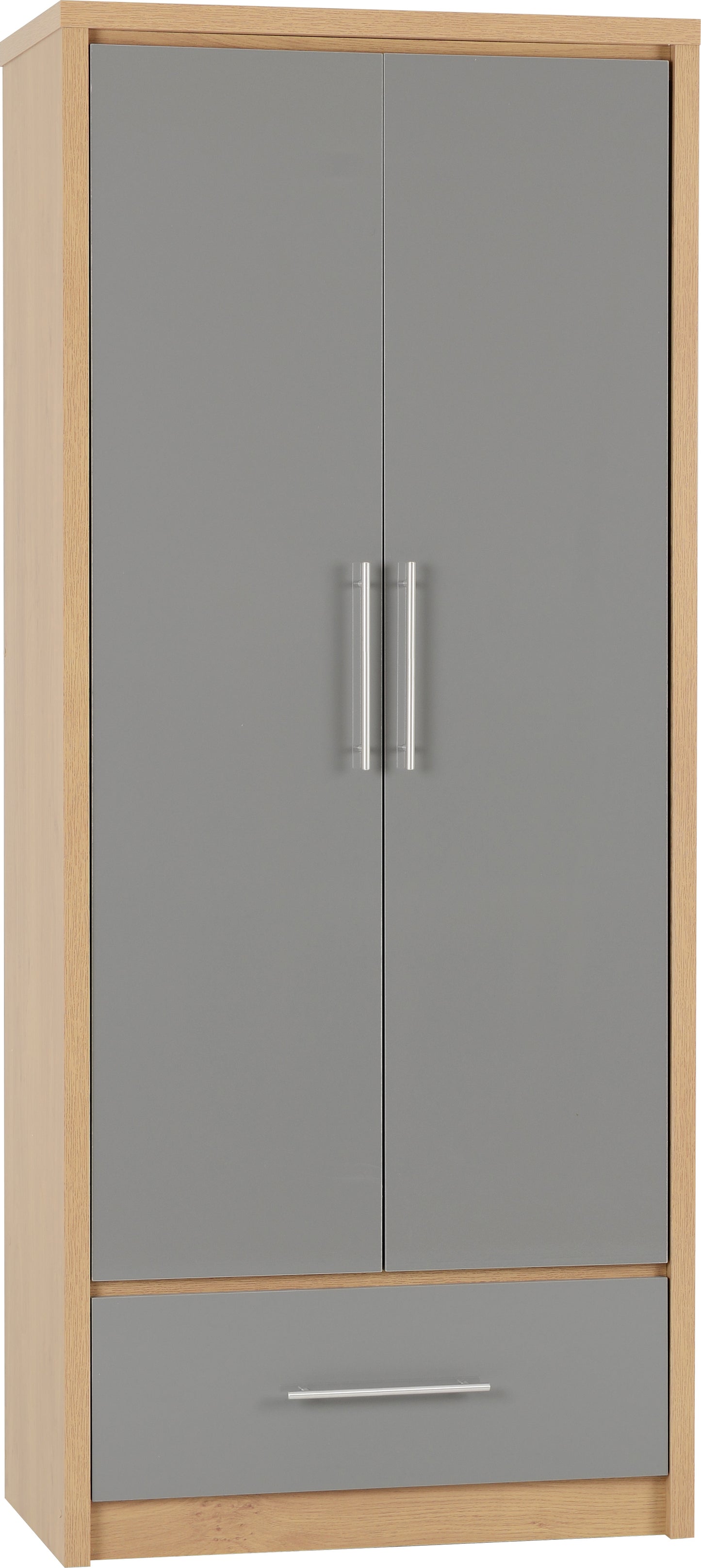 Seville 2 Door 1 Drawer Wardrobe - Grey Gloss/Light Oak Effect Veneer
