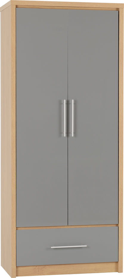Seville 2 Door 1 Drawer Wardrobe - Grey Gloss/Light Oak Effect Veneer
