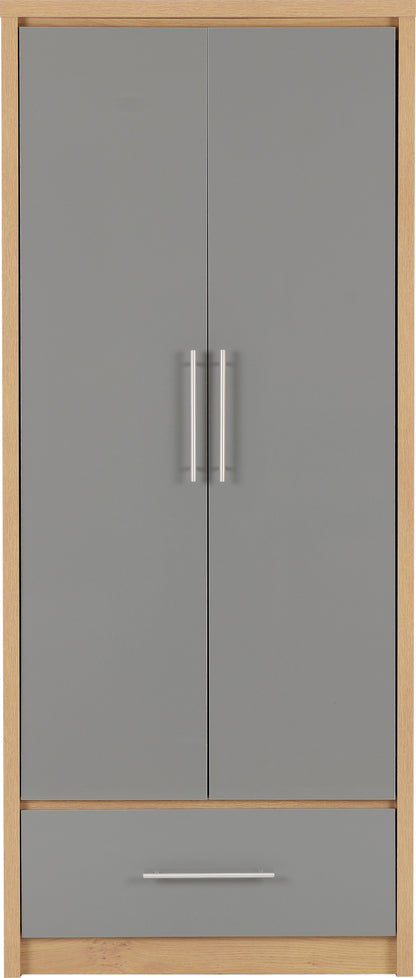 Seville 2 Door 1 Drawer Wardrobe - Grey Gloss/Light Oak Effect Veneer