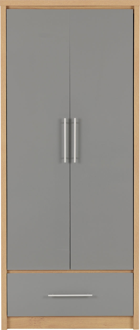 Seville 2 Door 1 Drawer Wardrobe - Grey Gloss/Light Oak Effect Veneer