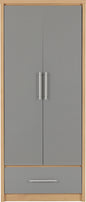 Seville 2 Door 1 Drawer Wardrobe - Grey Gloss/Light Oak Effect Veneer