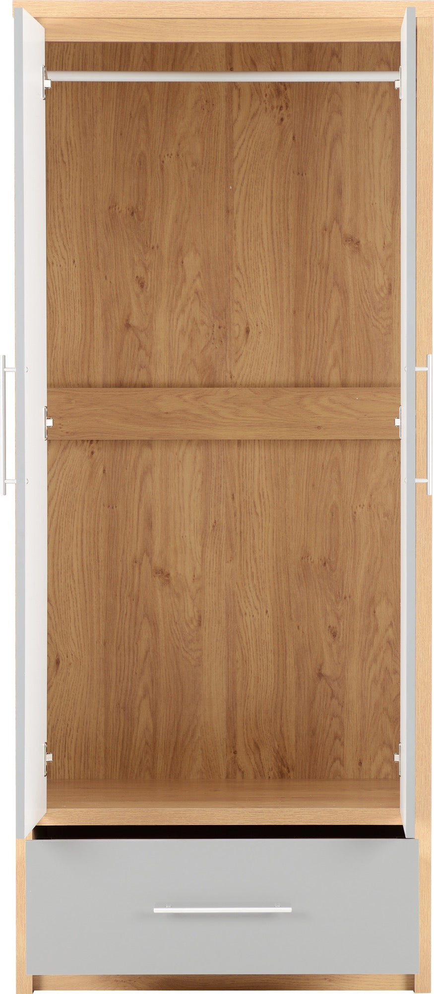 Seville 2 Door 1 Drawer Wardrobe - Grey Gloss/Light Oak Effect Veneer