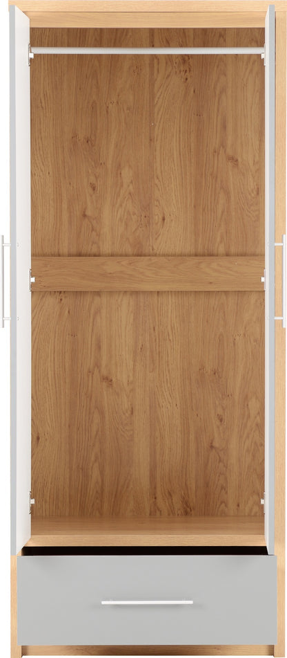 Seville 2 Door 1 Drawer Wardrobe - Grey Gloss/Light Oak Effect Veneer