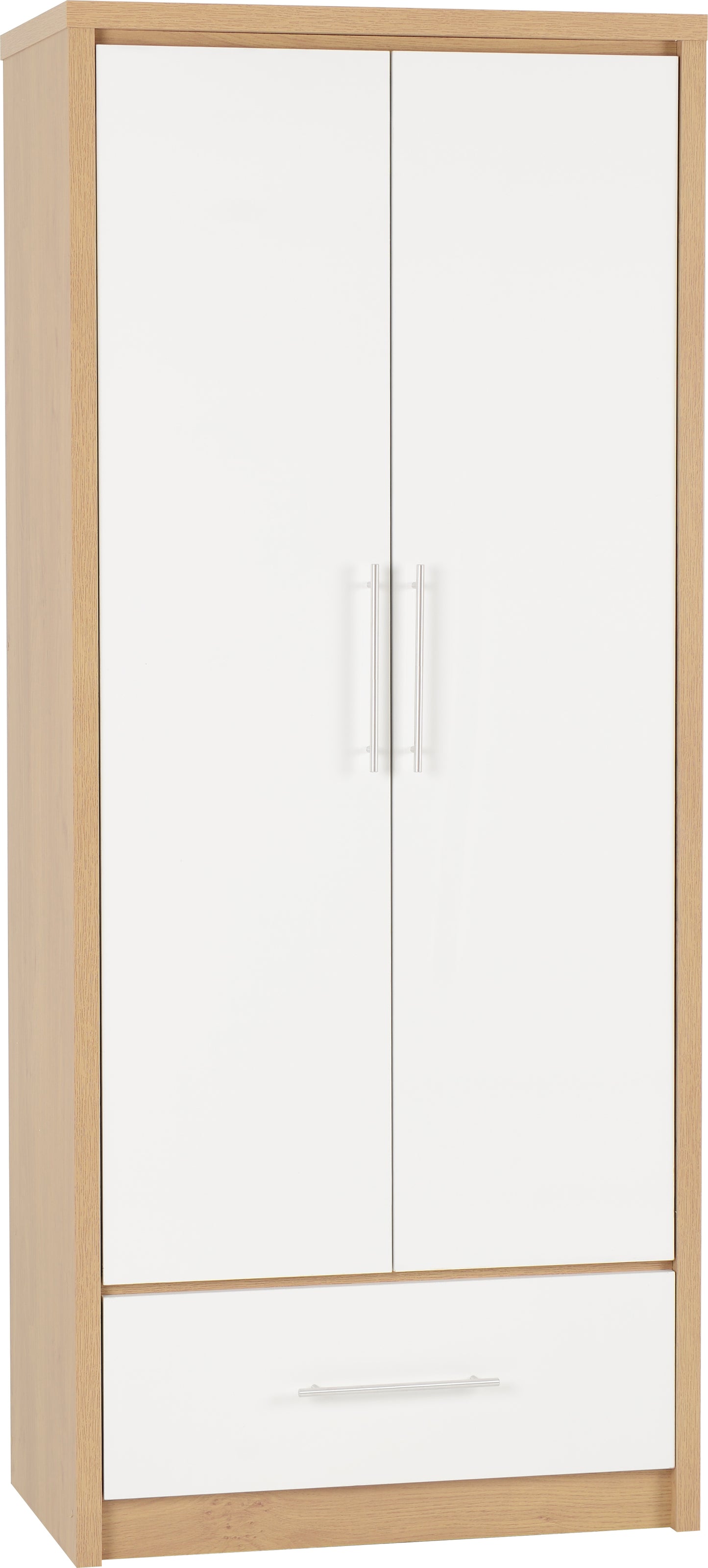 Seville 2 Door 1 Drawer Wardrobe - White Gloss/Light Oak Effect Veneer