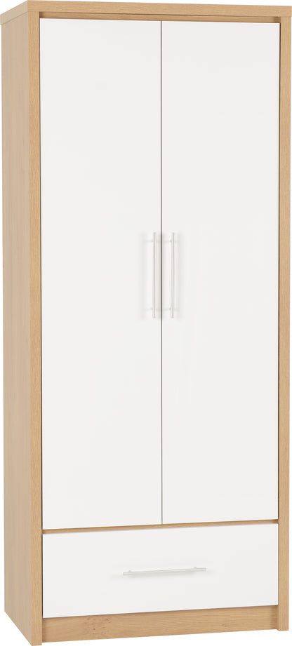 Seville 2 Door 1 Drawer Wardrobe - White Gloss/Light Oak Effect Veneer