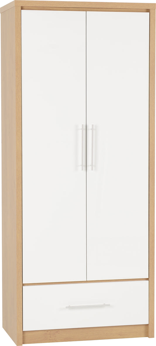 Seville 2 Door 1 Drawer Wardrobe - White Gloss/Light Oak Effect Veneer