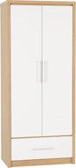Seville 2 Door 1 Drawer Wardrobe - White Gloss/Light Oak Effect Veneer