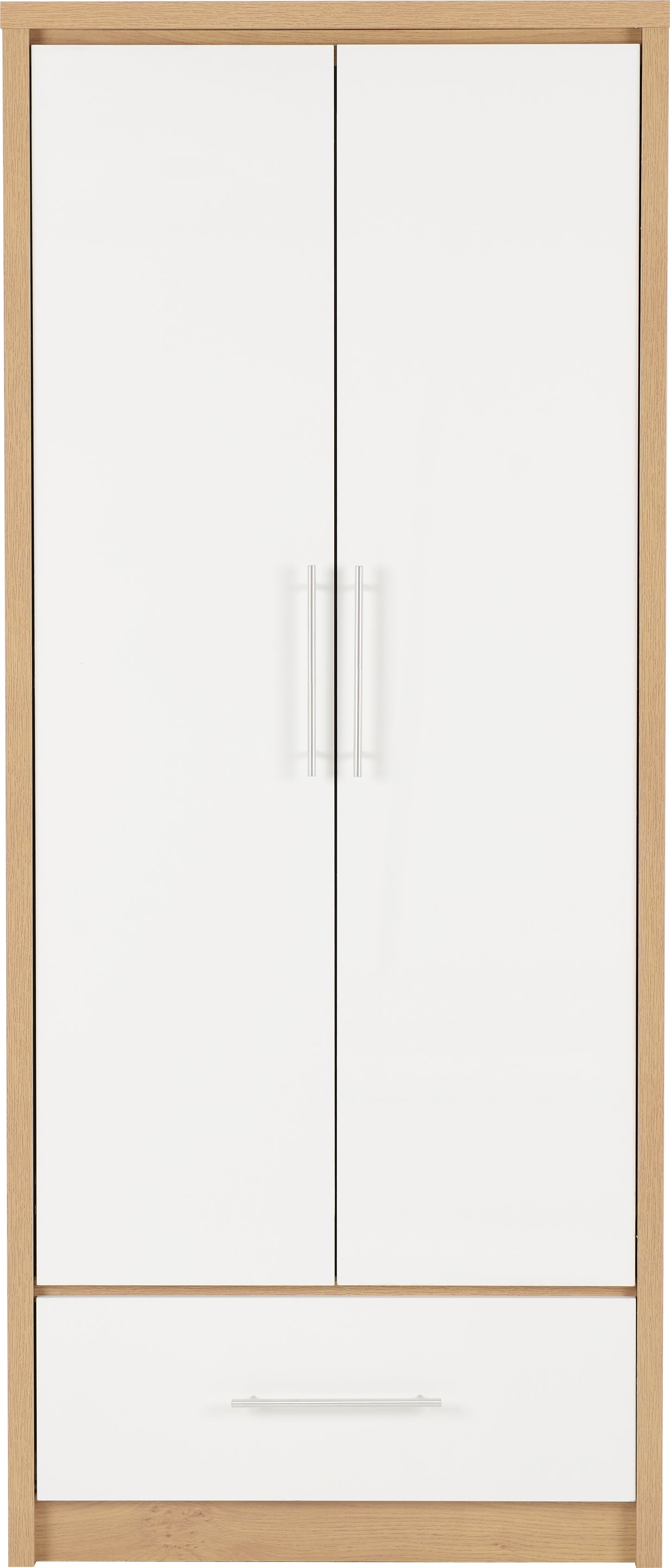 Seville 2 Door 1 Drawer Wardrobe - White Gloss/Light Oak Effect Veneer