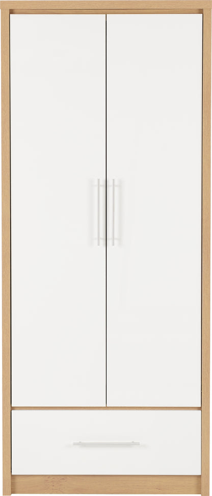 Seville 2 Door 1 Drawer Wardrobe - White Gloss/Light Oak Effect Veneer