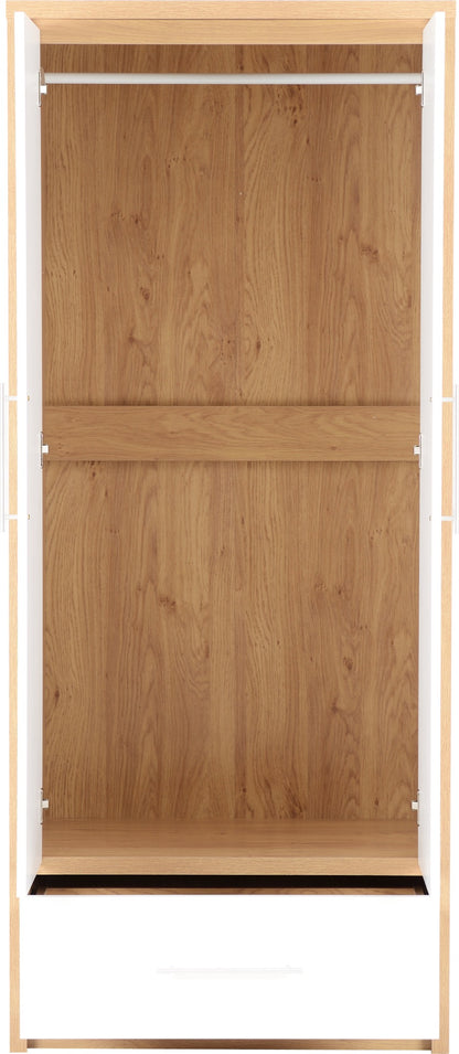 Seville 2 Door 1 Drawer Wardrobe - White Gloss/Light Oak Effect Veneer