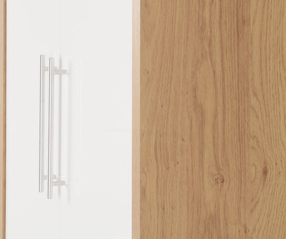 Seville 2 Door 1 Drawer Wardrobe - White Gloss/Light Oak Effect Veneer