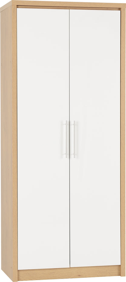 Seville 2 Door Wardrobe - White Gloss/Light Oak Effect Veneer
