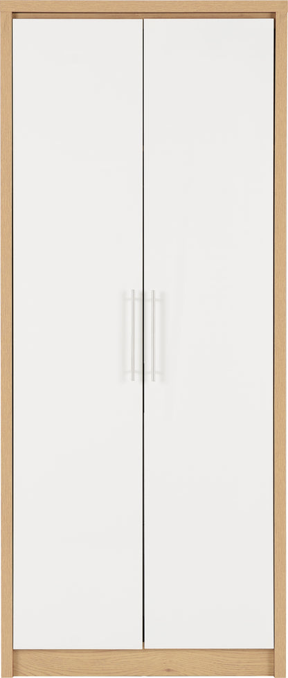 Seville 2 Door Wardrobe - White Gloss/Light Oak Effect Veneer
