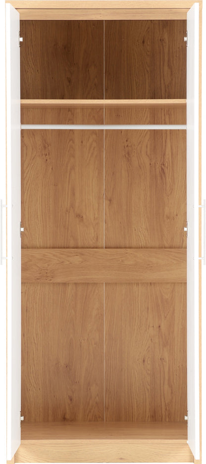 Seville 2 Door Wardrobe - White Gloss/Light Oak Effect Veneer