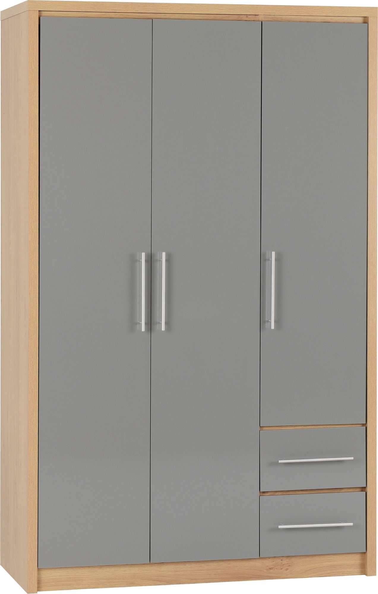 Seville 3 Door 2 Drawer Wardrobe - Grey Gloss/Light Oak Effect Veneer