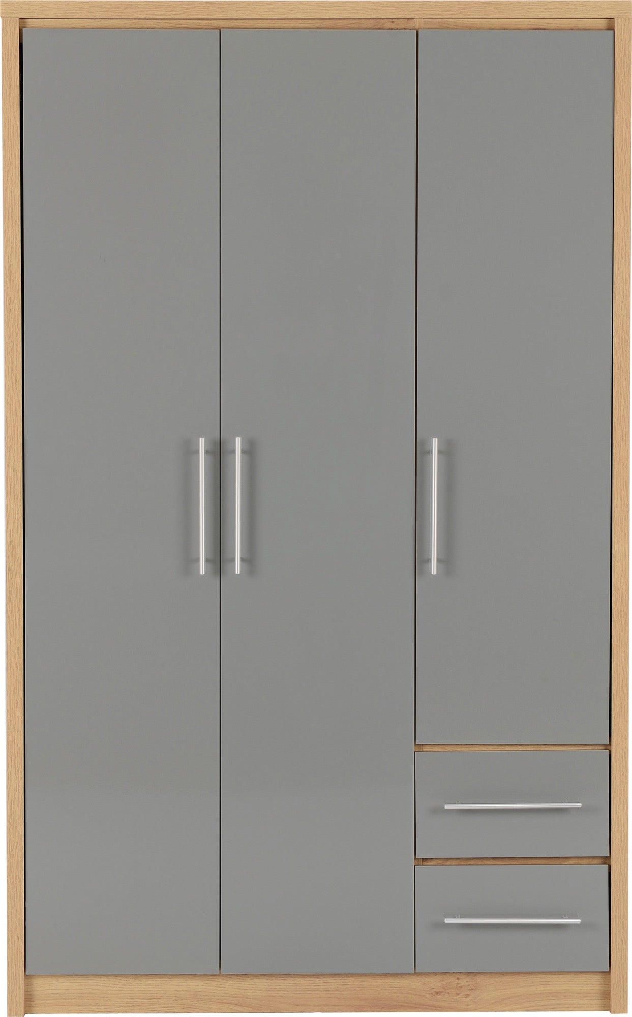 Seville 3 Door 2 Drawer Wardrobe - Grey Gloss/Light Oak Effect Veneer