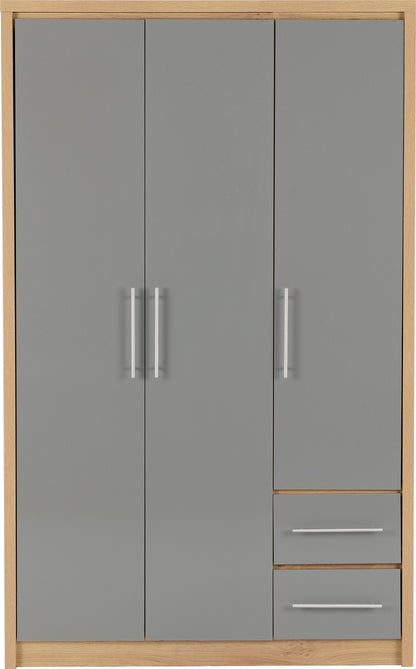 Seville 3 Door 2 Drawer Wardrobe - Grey Gloss/Light Oak Effect Veneer