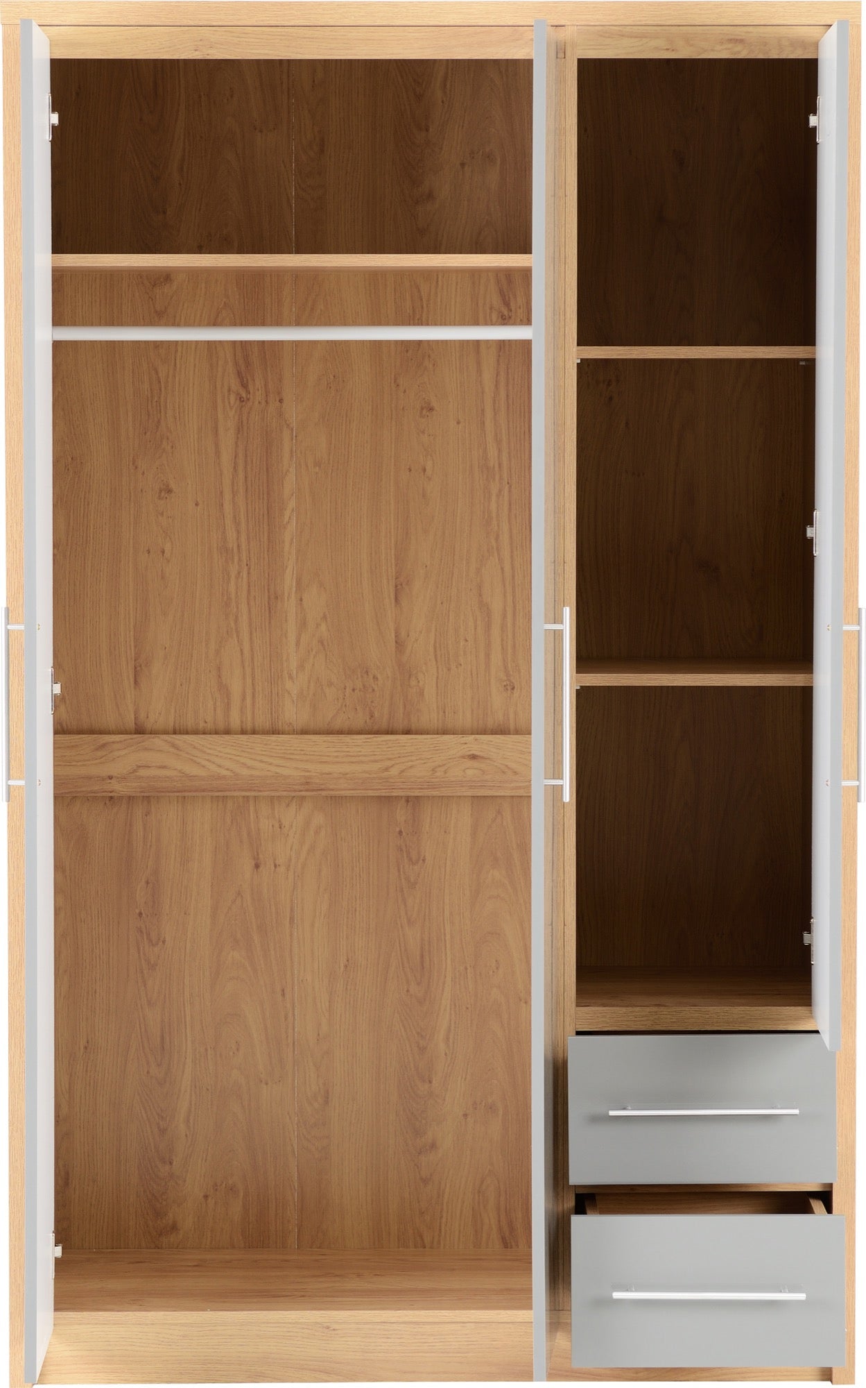 Seville 3 Door 2 Drawer Wardrobe - Grey Gloss/Light Oak Effect Veneer