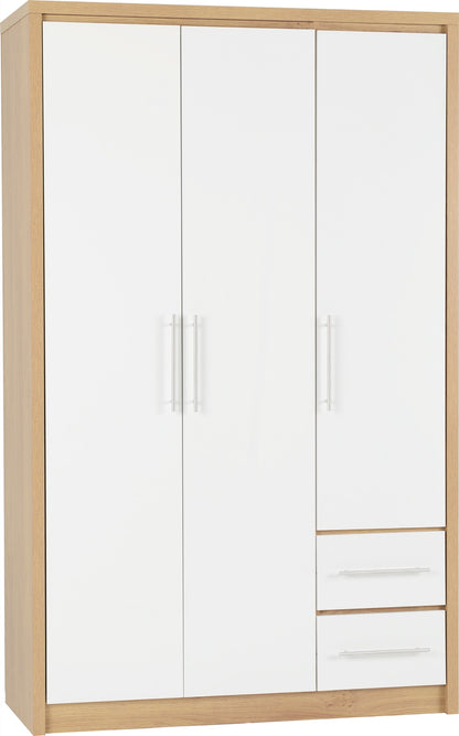 Seville 3 Door 2 Drawer Wardrobe - White Gloss/Light Oak Effect Veneer