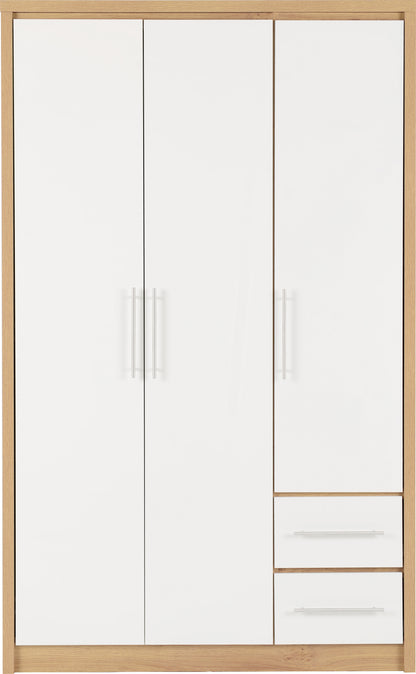 Seville 3 Door 2 Drawer Wardrobe - White Gloss/Light Oak Effect Veneer