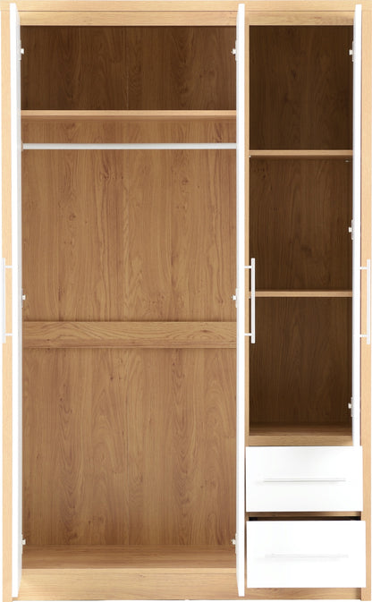 Seville 3 Door 2 Drawer Wardrobe - White Gloss/Light Oak Effect Veneer